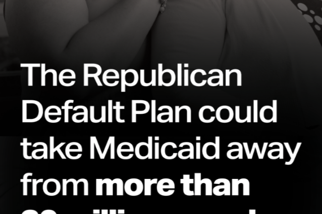 Two women stand together in a serious pose, with one resting her hand on the other’s shoulder, against a background of bold text that reads, “The Republican Default Plan could take Medicaid away from more than 20 million people. Tell Congress: Say NO!” Below are logos for Community Catalyst Action Fund and Protect Our Care.